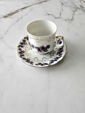 Vintage Inarco Japan Purple Violets Demitasse Teacup and Saucer Set
